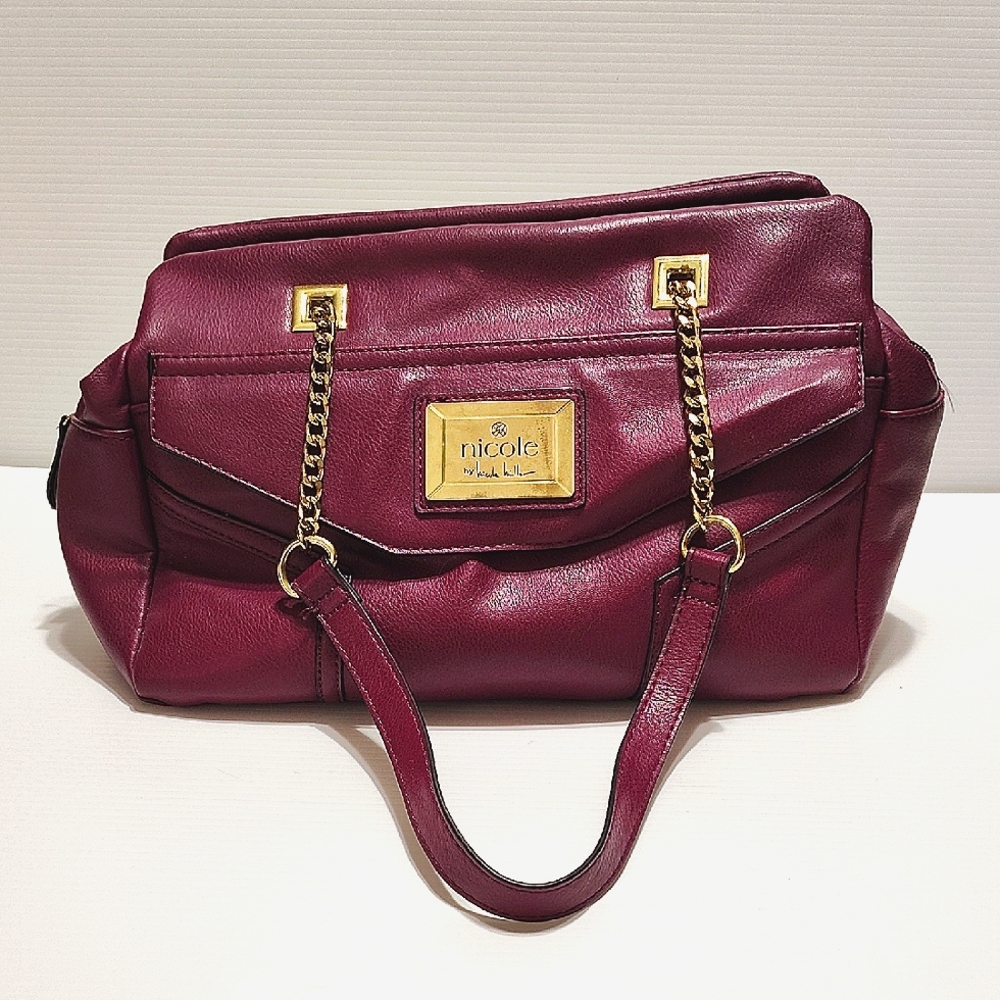 Nicole Miller Boysenberry Multiple Pocket Handbag with Gold Hardware